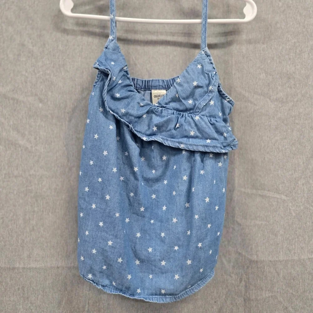 OshKosh Bgosh Girls Blue Star Print Chambray Ruffle Camisole‎ Tank Top Size 6/6X